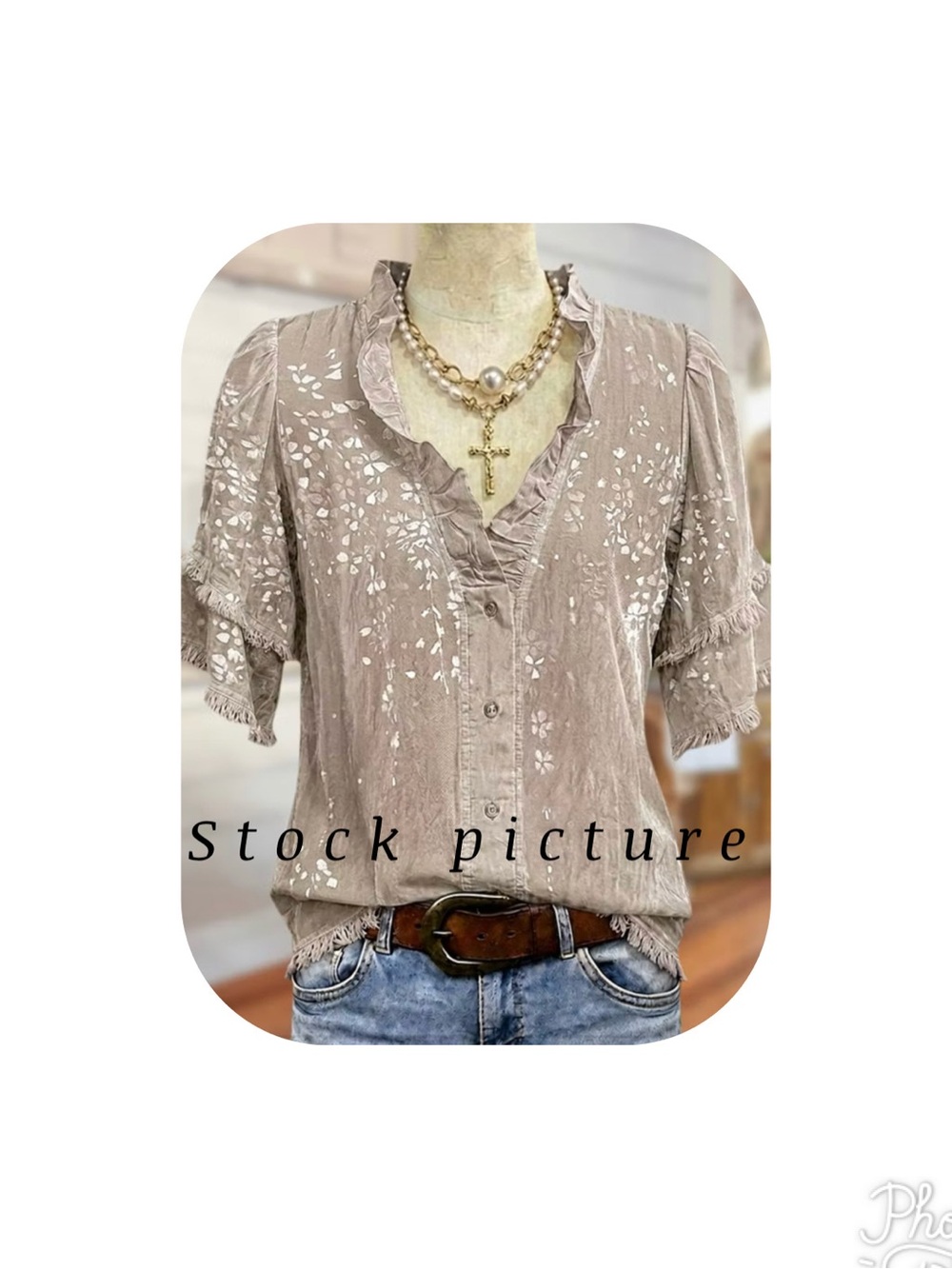 Ruffled Trim V Neck Tiered Sleeve Button-Front Blouse Size Small